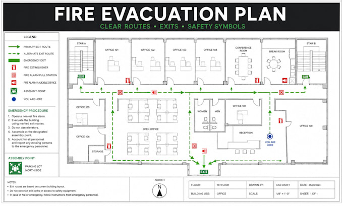create fire evacuation plan, emergency exit plan and escape route map