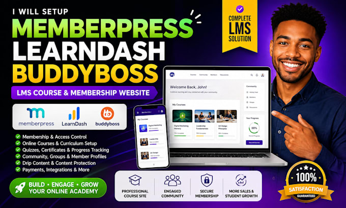 setup memberpress membership website with learndash buddyboss lms course website