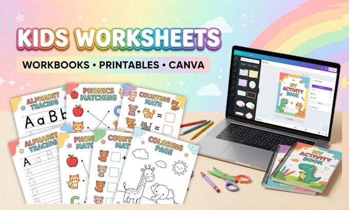 canva kids educational workbook design, math kids worksheet, kids activity book