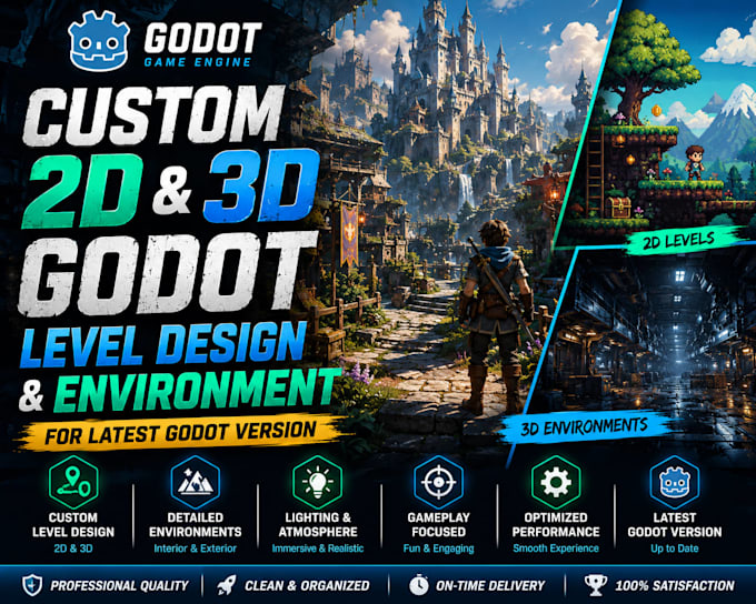 design custom 2d, 3d godot level design, environment for latest godot version