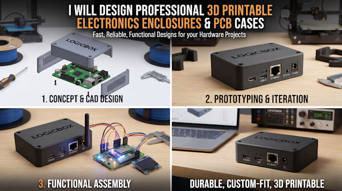 design 3d printable electronics enclosure, pcb case and product casing