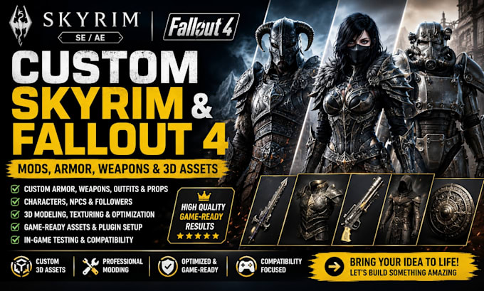 create custom skyrim se ae and fallout 4 mods, armor, weapons and 3d assets