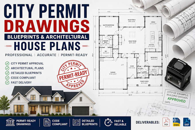draft city permit drawings, blueprints, and architectural house plans for permit