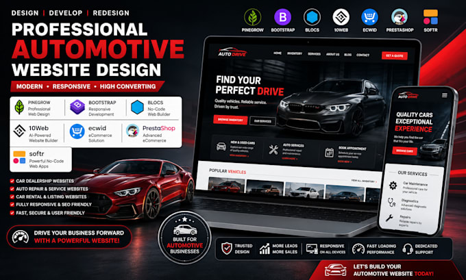 design pinegrow bootstarp blocs 10web ecwid prestashop softr automotive website