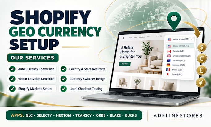setup shopify geo currency switcher glc selecty hextom transcy orbe blaze bucks
