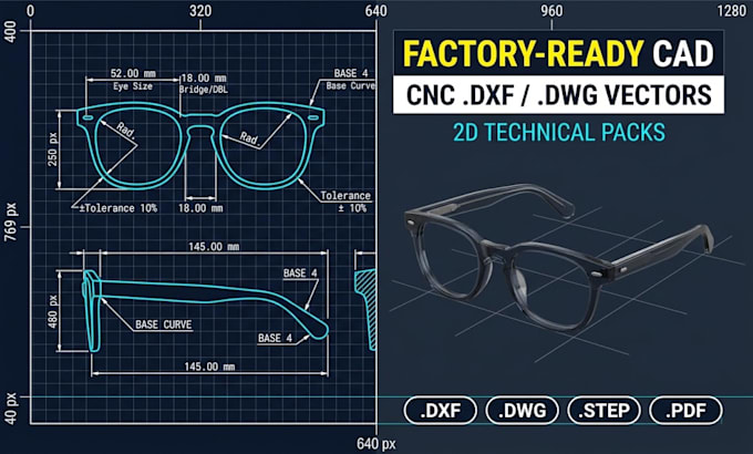 design eyewear cad, 2d technical drawings, and factory ready cnc vector files