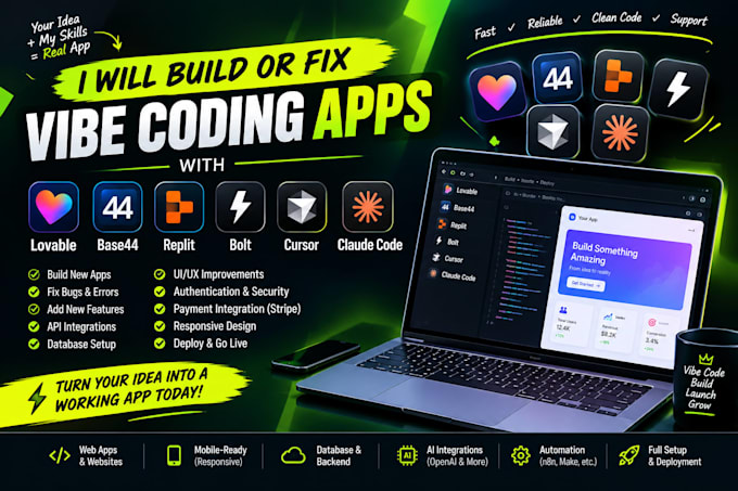 develop or fix lovable ai web apps, saas mvp, vibe coding, replit ai, loveable