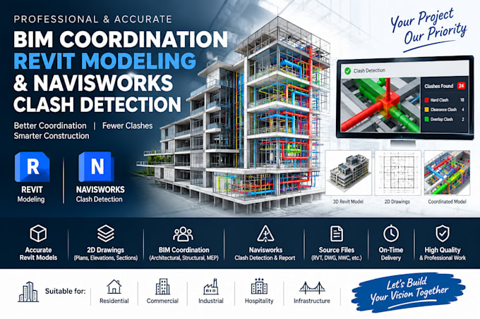 provide bim coordination, revit modeling and navisworks clash detection