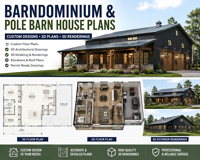 design barndominium and pole barn house plans with 3d renderings
