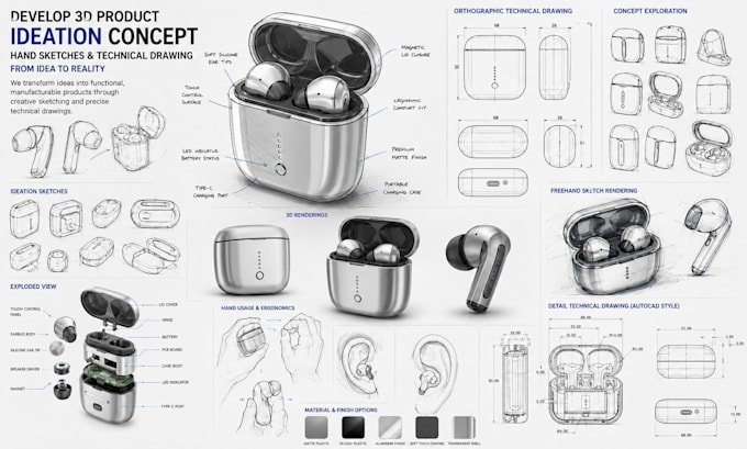 develop 3d product ideation concept hand sketches technical drawing for autocad