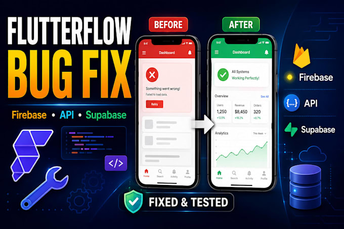 fix flutterflow bugs, errors, API, firebase and supabase issues
