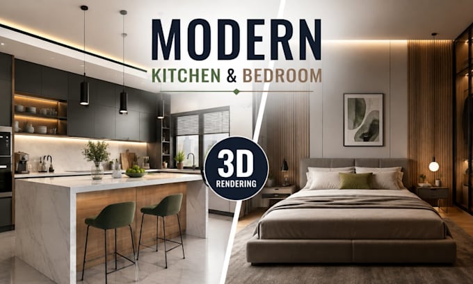 design modern kitchen and bedroom interior with realistic 3d rendering