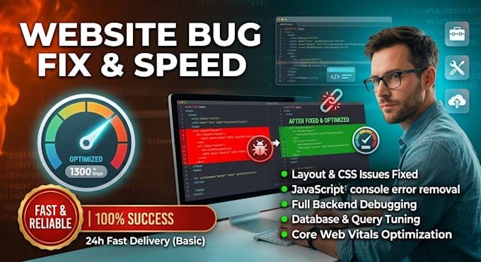 fix website bugs, HTML CSS javascript PHP issues, and optimize speed