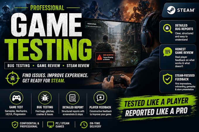 do game testing, bug testing and steam game review