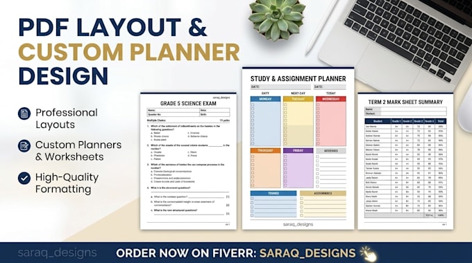 design aesthetic pdf layout, custom student planner and worksheets