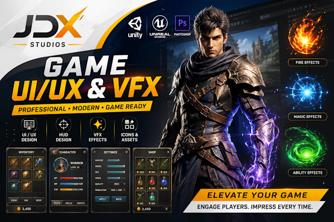 design game UI UX, hud and vfx for your game