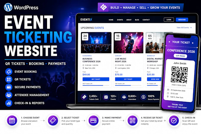 create wordpress event ticketing website, qr tickets, booking and payment system
