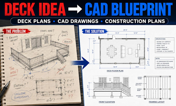 create architectural deck cad blueprints, deck plans and construction drawings