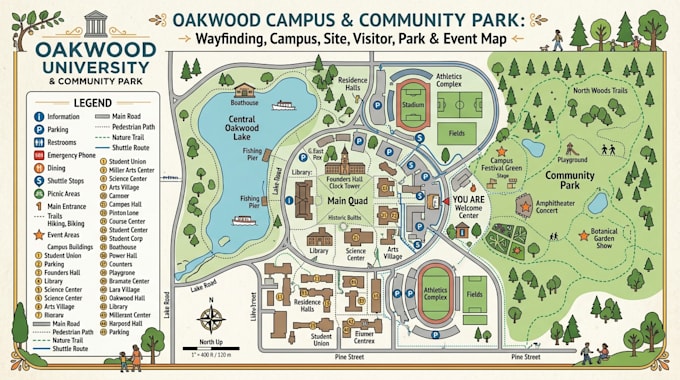 create wayfinding map, campus map, site map, visitor map, event map and park map