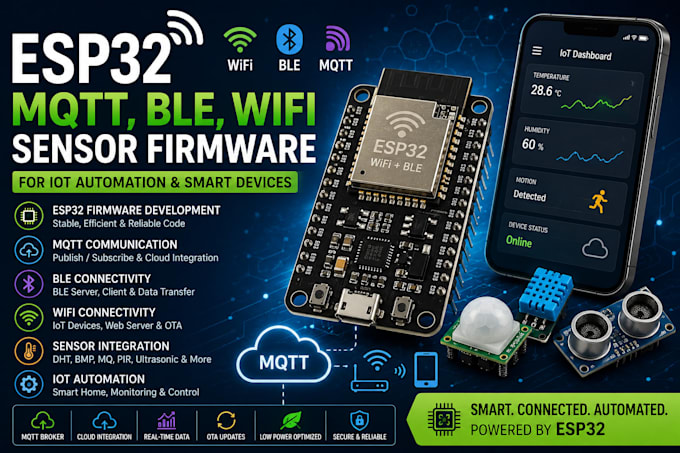 develop esp32 mqtt, ble, wifi sensor firmware for iot automation smart devices