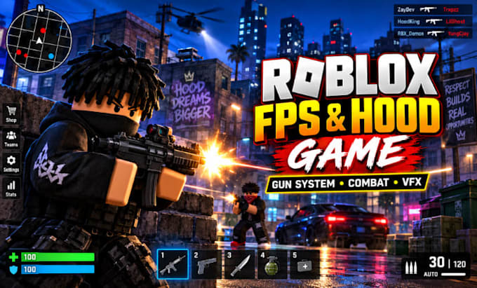 develop a roblox fps, hood game,gun system and combat mechanic
