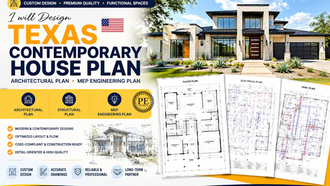 design texas contemporary house plan, architectural plan, mep engineering plan