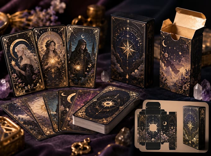 design custom tarot cards, tarot deck, oracle cards and box packaging