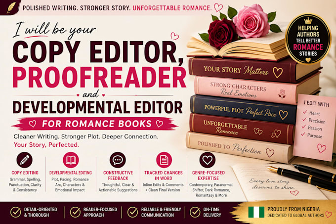 be your copy editor, proofreader, developmental editor for romance book