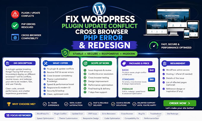 fix wordpress plugin update conflict cross browser php error website redesign