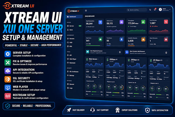 setup fix xtream ui, xui one server API, SSL, streaming, web player, restream