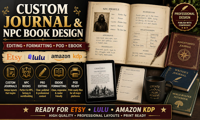 create custom journal npc editing ebook formatting pod for etsy lulu amazon KDP