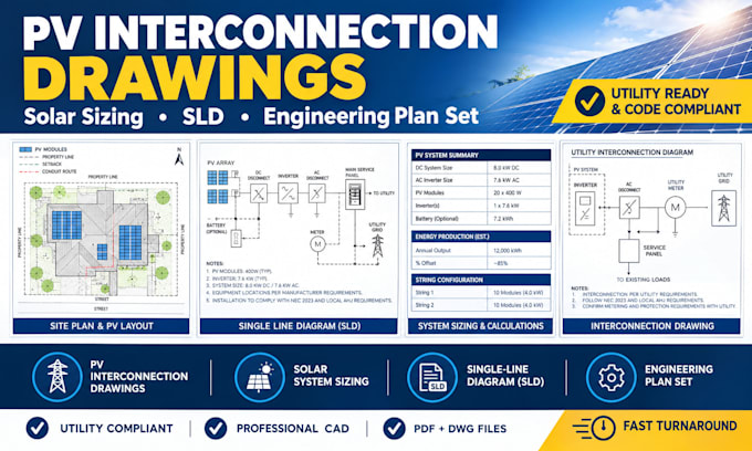 create pv interconnection drawings, solar sizing and engineering plan set