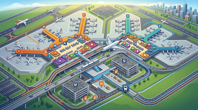 design airport map, terminal map, travel map, wayfinding map and location map