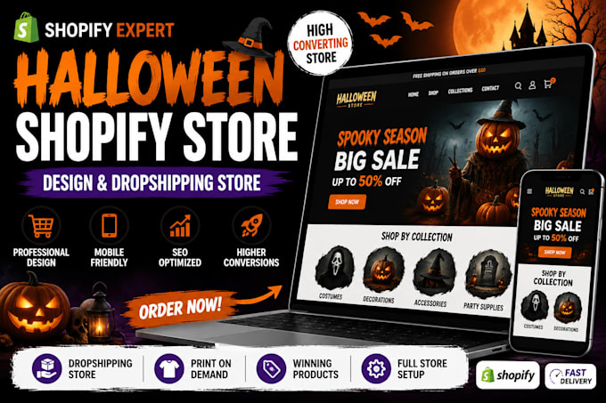 build halloween shopify store, shopify dropshipping store and ecommerce website