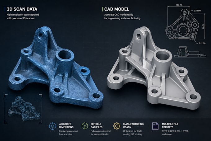 do reverse engineering from scan data, stl to step, step 3d cad model