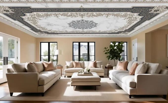 design marble mandala ceiling mural, custom textured canvas wallcovering