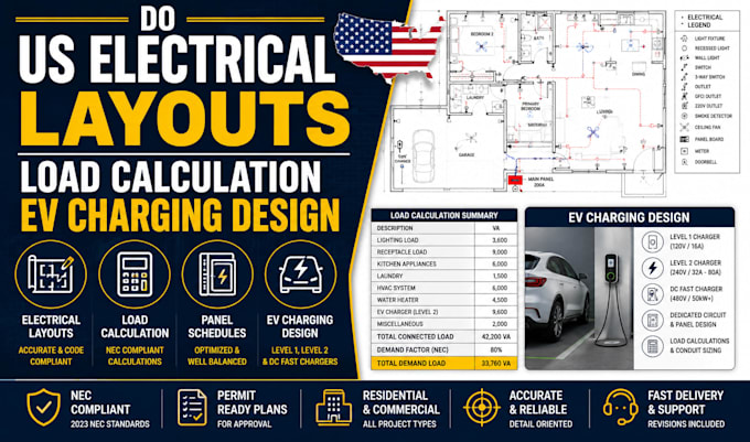 do US electrical layouts load calculation ev charging design