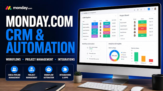 setup monday com workflows, automation, CRM and project management