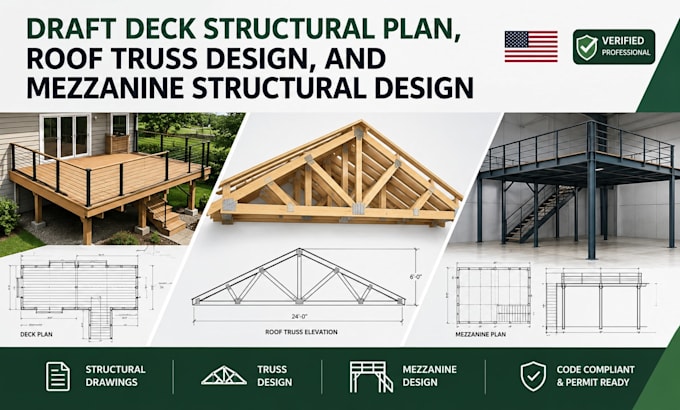 draft deck structural plan, roof truss design, and mezzanine structural design