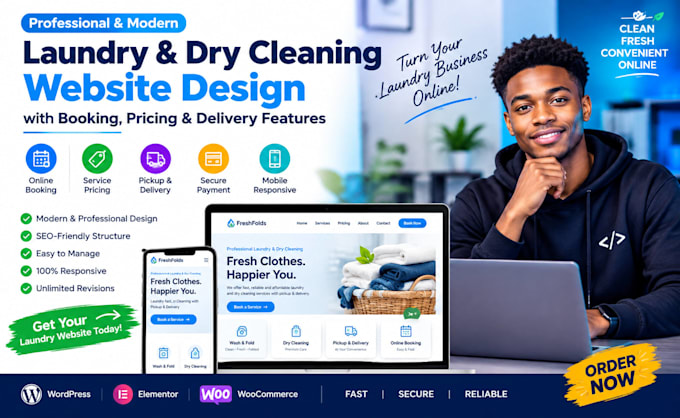 create a modern laundry and dry cleaning website with booking pricing delivery