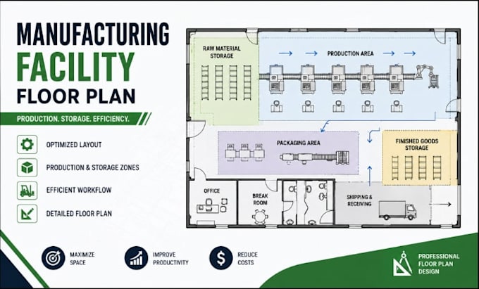 create manufacturing facility floor plan production storage zones