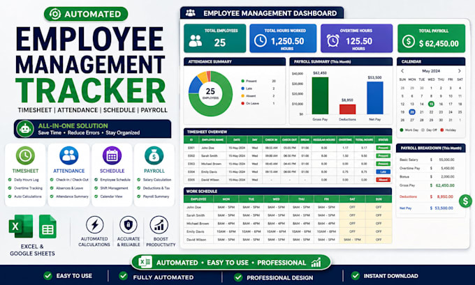 build an automated employee timesheet, attendance, schedule, payroll tracker