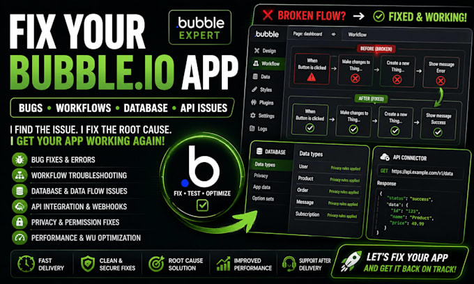fix bubble io bugs, workflows, database and API issues