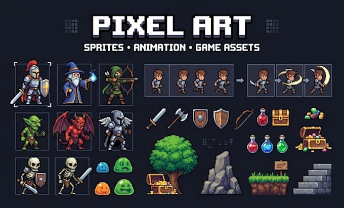 create pixel art animation spritesheet pixel art character background game asset