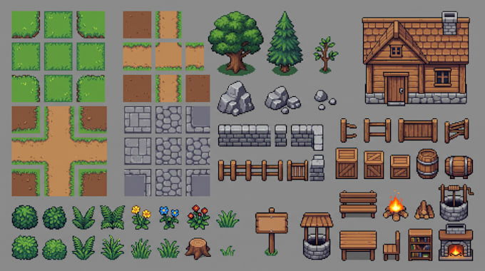 create 2d pixel game environment asset pack 2d tileset tilemap props backgrounds