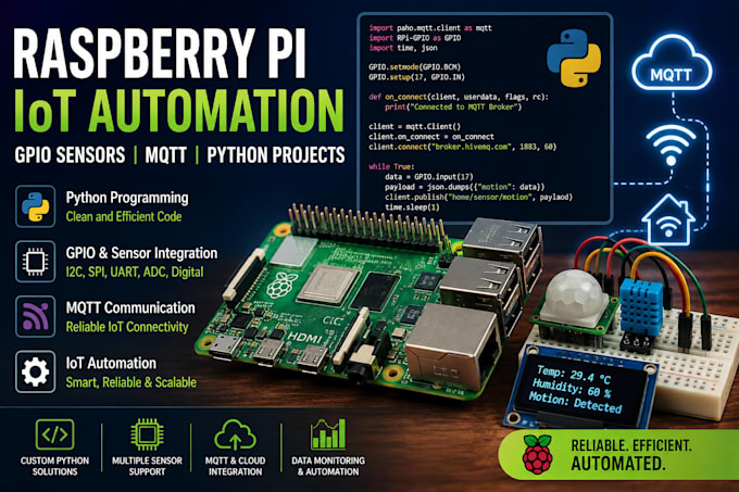 program raspberry pi for iot automation, gpio sensors, mqtt and python projects