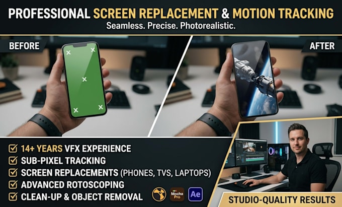 do realistic screen replacement, green screen and vfx compositing