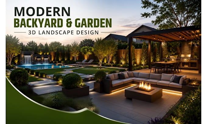 create modern 3d backyard and garden landscape design with realistic rendering