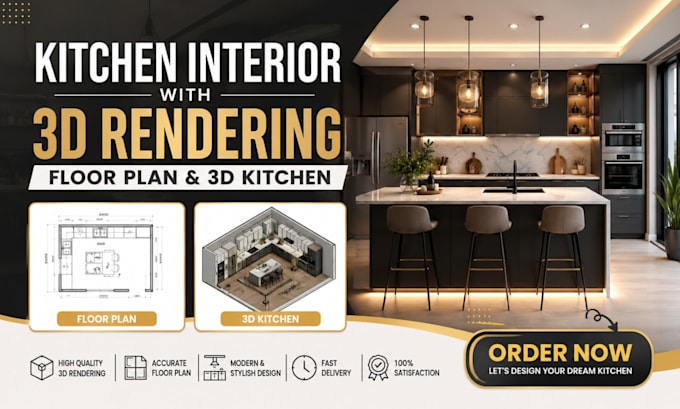 design your kitchen interior with 3d rendering, floor plan and 3d kitchen design