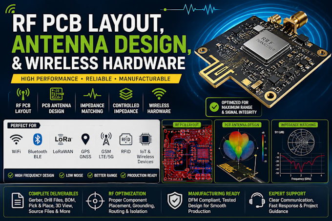 design rf pcb layout, antenna design, and wireless hardware
